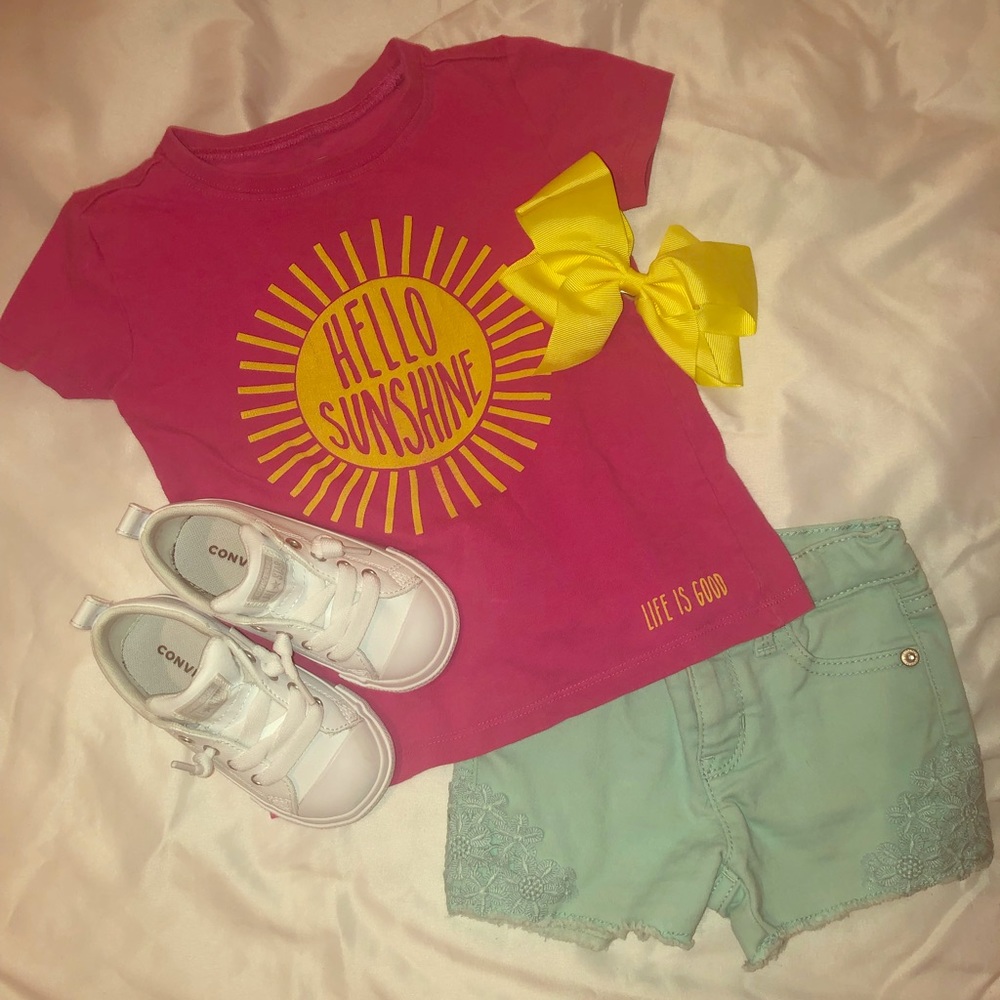 Life is Good toddler T with turquoise shorts